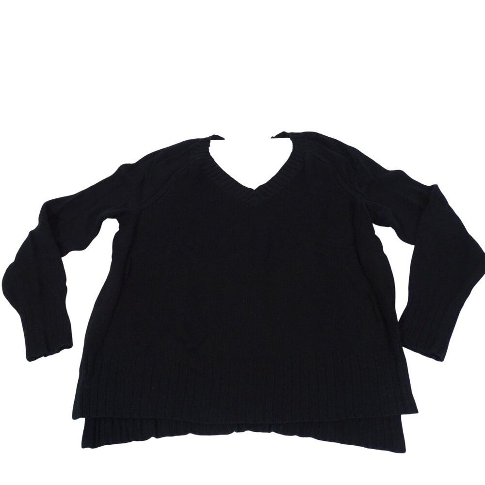 Old Navy Black Ribbed Trim V-Neck Sweater Women Size M Long Sleeve Side Slit